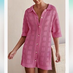 Womens Pink Knit Swim Cover Up Button Front Collared Beach Pool Coverup Dress